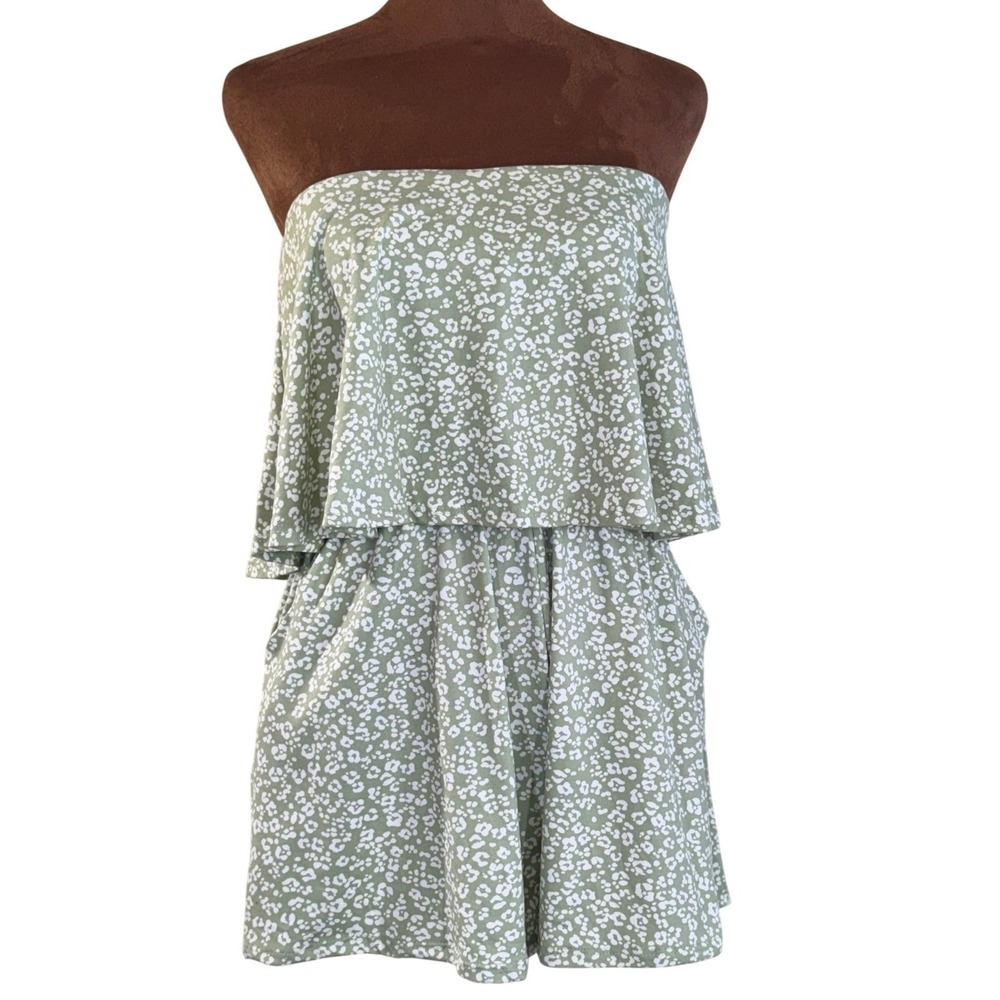 Gilli Romper Women Small‎ Green White Polka Dot Strapless Tiered NWT Pockets